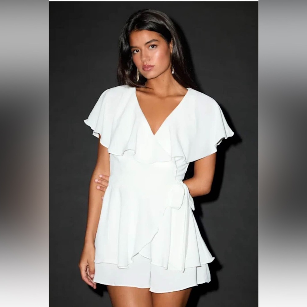 Lulu’s Aldrin White Ruffled Backless Wrap Skort Romper